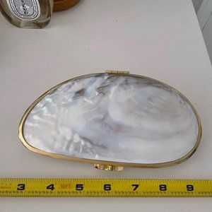 OVERNIGHT SHIP - mother of pearl shell clutch with gold tone clasp hardware